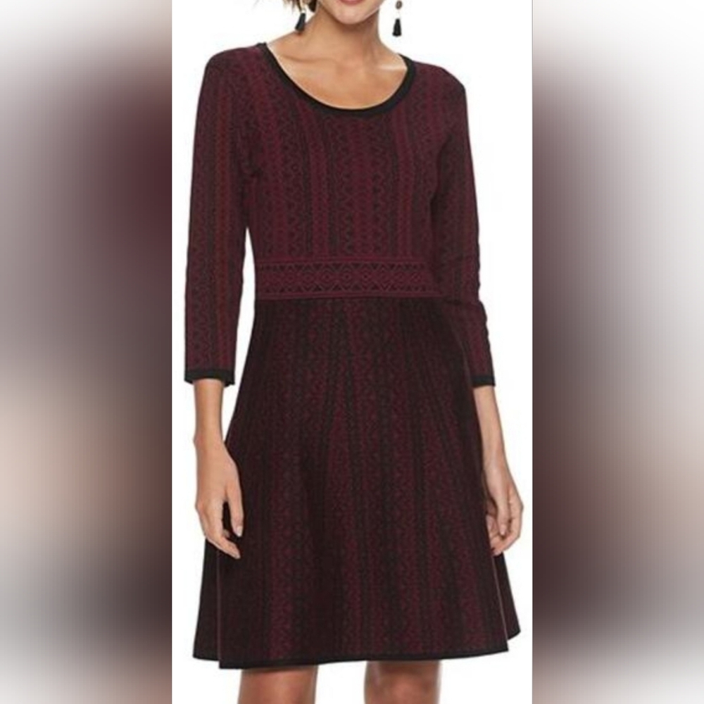 Nina Leonard Burgundy And Black  Sweater Dress